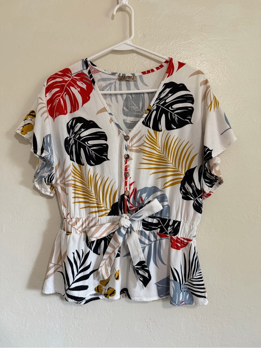 Lavish Tropical Print V-Neck Blouse